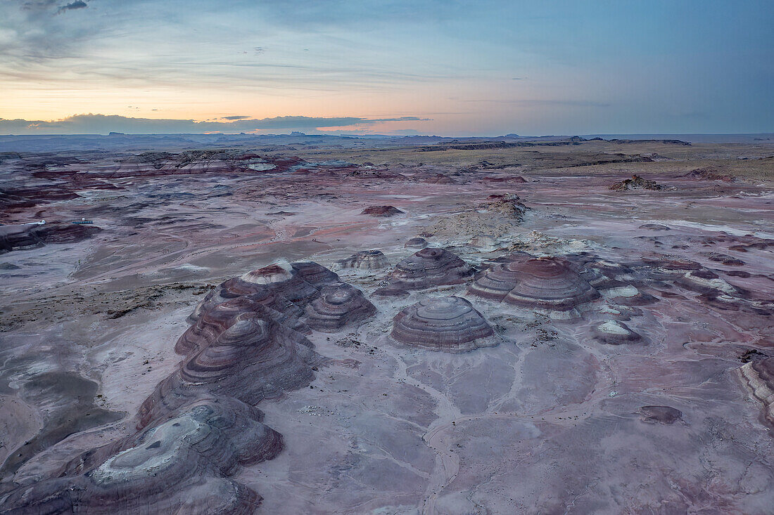 Aerial view of the colorful Bentonite Hills, near Hanksville, Utah.