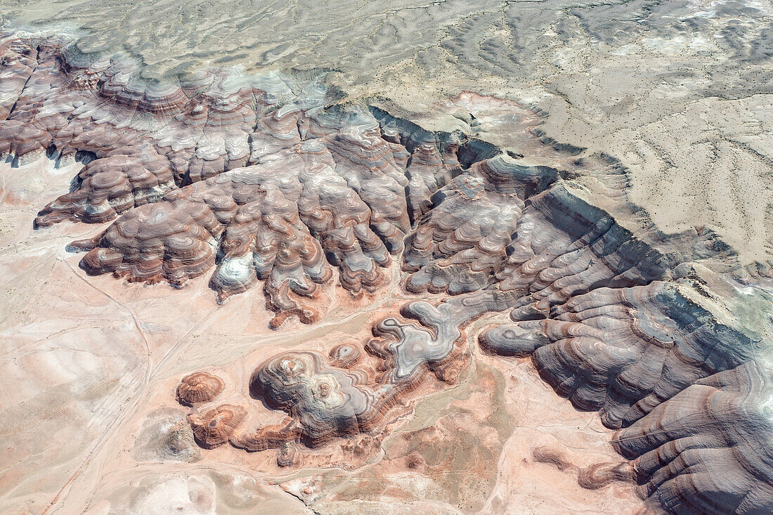 Aerial view of the colorful Bentonite Hills, near Hanksville, Utah.