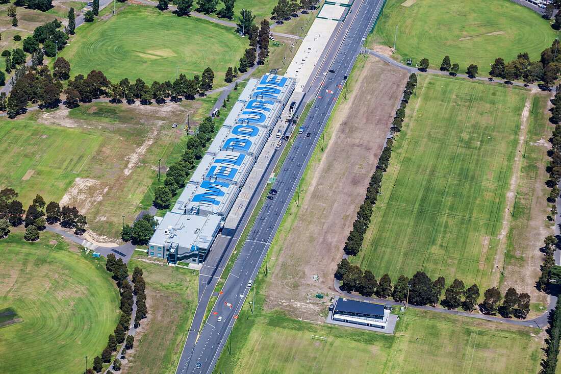 Aerial view of the Albert Park race track 'Pit' area in Melbourne, Australia