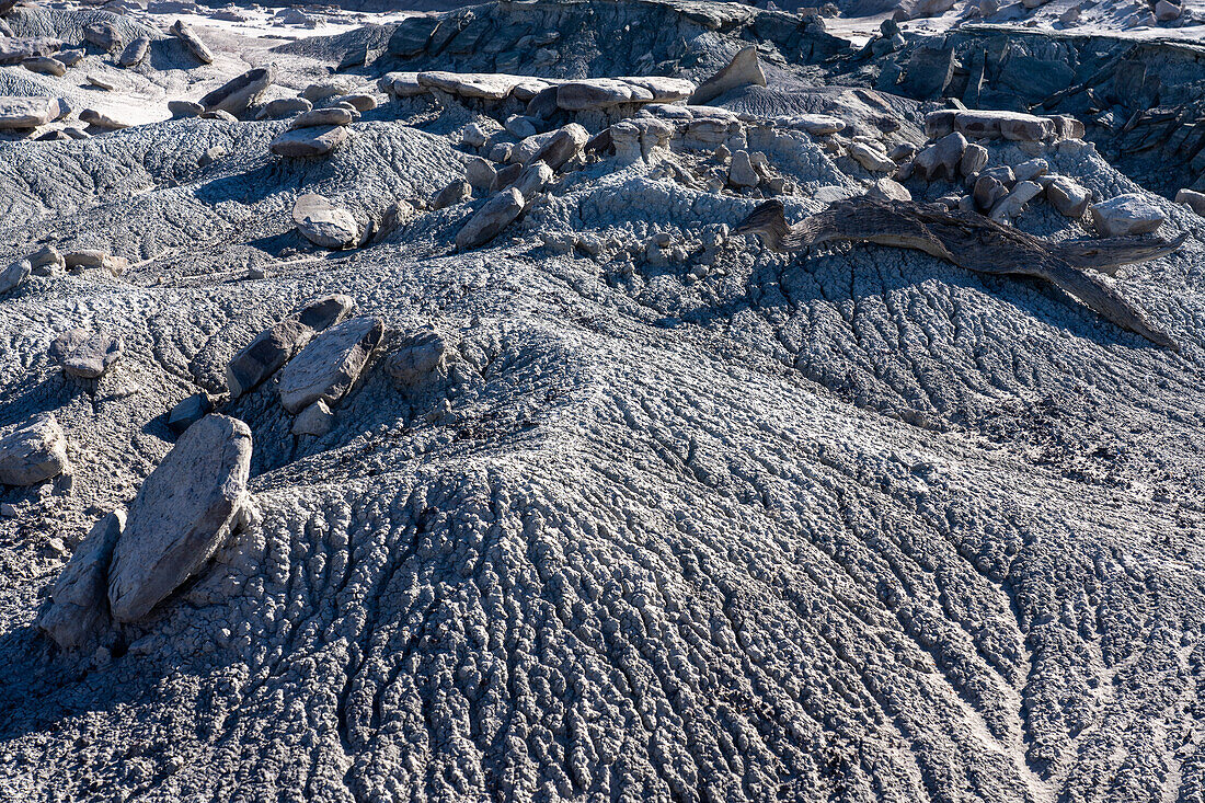 Sedimentäre Tonablagerungen aus der Trias in der kargen Landschaft im Ischigualasto Provincial Park in der Provinz San Juan, Argentinien.