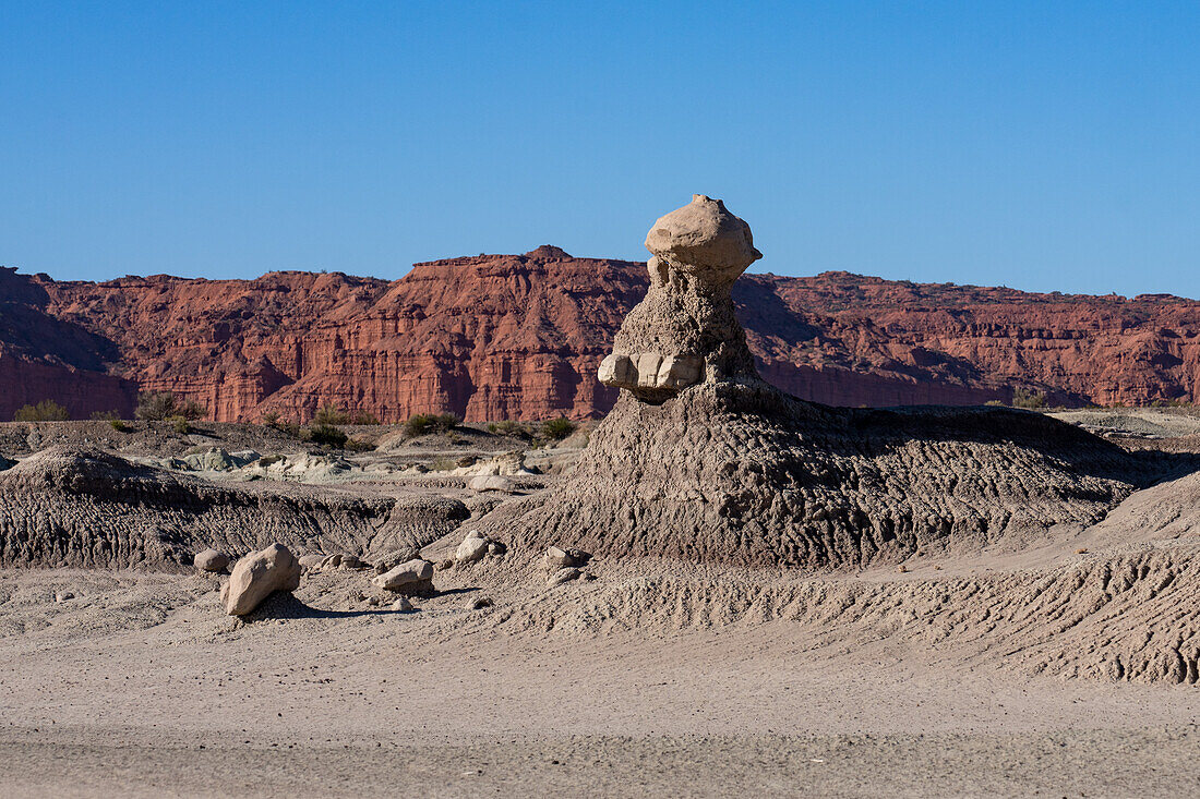 Eroded geologic formations in the barren landscape in Ischigualasto Provincial Park in San Juan Province, Argentina.