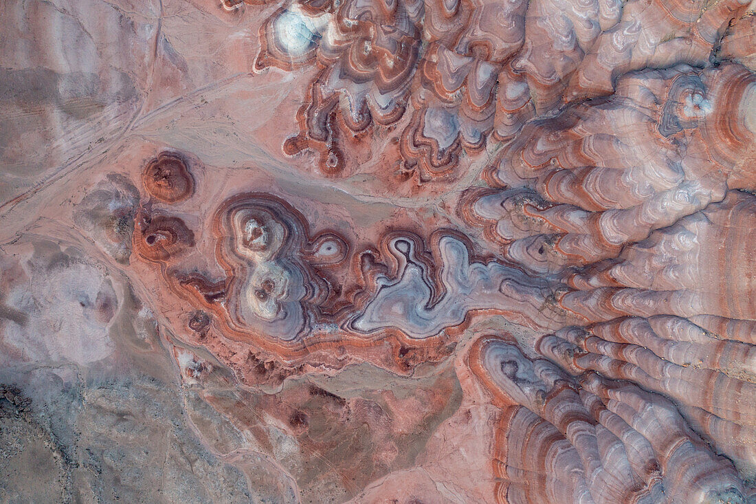 Aerial view of the colorful Bentonite Hills before dawn, near Hanksville, Utah.