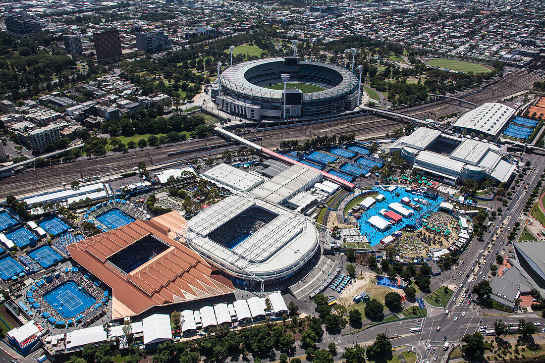 Aerial view of the Australian Open Tennis tournament, Melbourne, Australia.