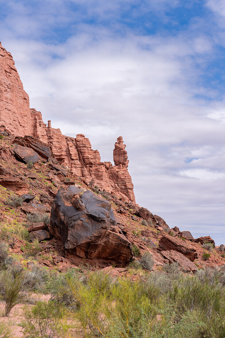 A rock spire in the Talampaya Formation sandstone at the Puerta del Cañon in Talampaya National Park, Argentina.