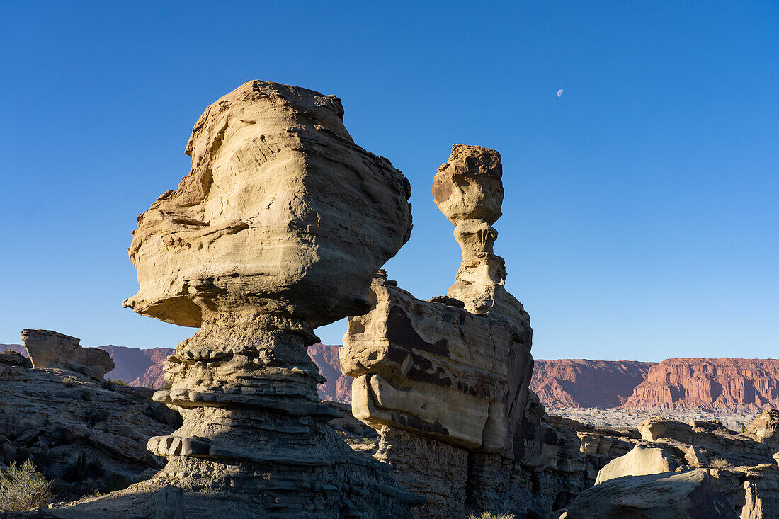 Moon over the Submarine, an eroded sandstone formation in Ischigualasto Provincial Park, San Juan Province, Argentina.