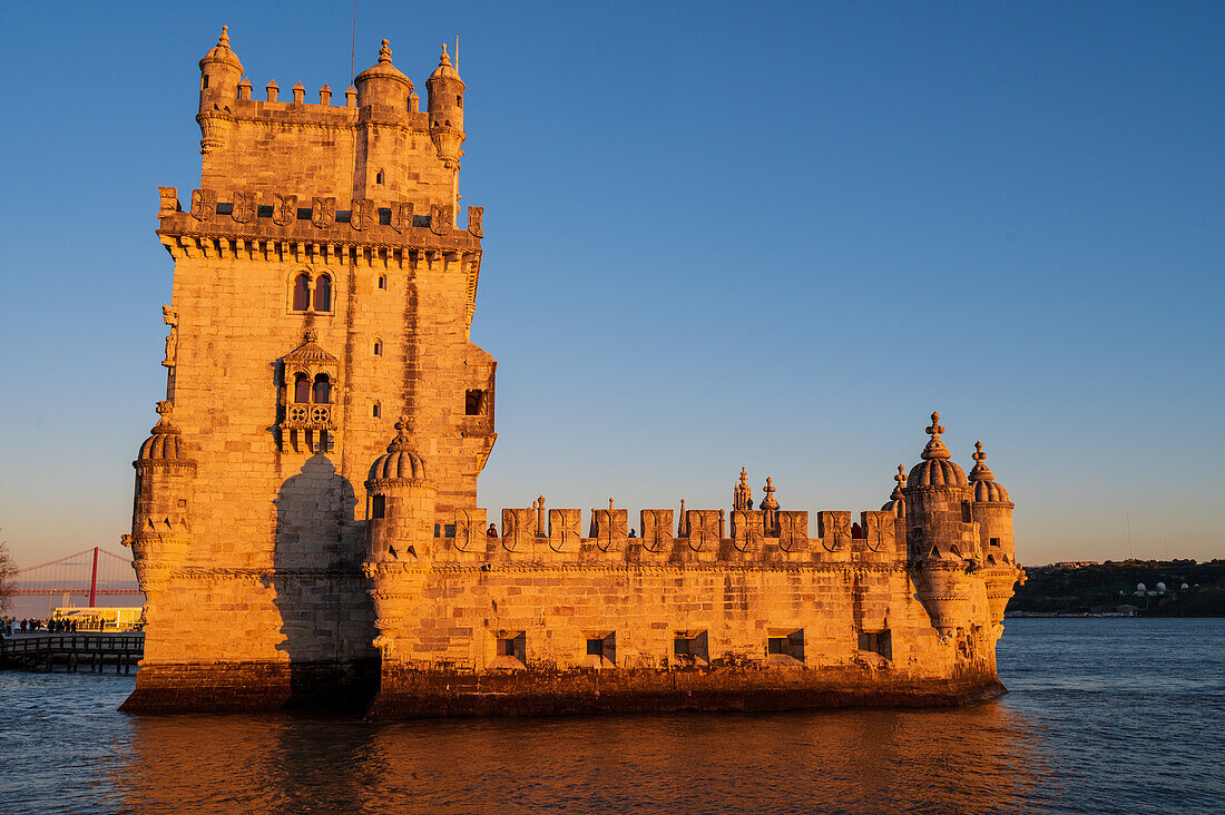 Belem Tower or Tower of St Vincent on the bank of the Tagus River at sunset, Lisbon, Portugal