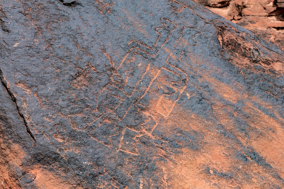 Pre-Hispanic indigenous rock carvings or petroglyphs in Talampaya National Park, La Rioja Province, Argentina.