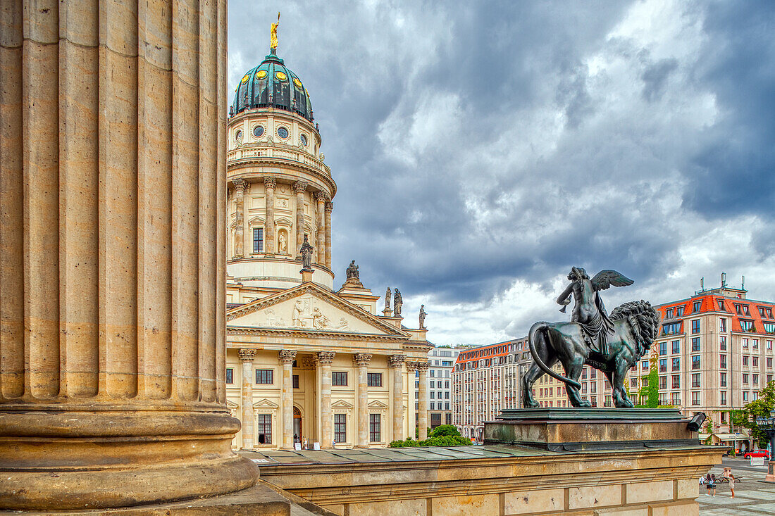 Französische Dom (French Cathedral) as seen from the Konzerthaus (Concert Hall) portico, Gendarmenmarkt square, Berlin, Germany