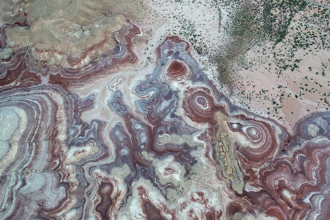 Aerial view of the colorful Bentonite Hills, near Hanksville, Utah.