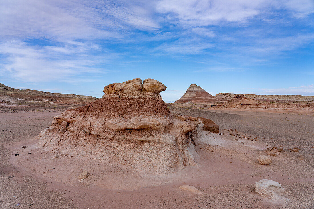 Eroded formations in the colorful bentonite clay hills of the Morrison Formation in the Caineville Desert near Hanksville, Utah.