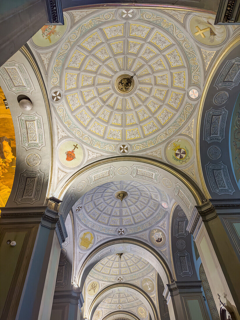Die bemalte Decke des Kirchenschiffs der reich verzierten Kathedrale der Unbefleckten Empfängnis in San Luis, Argentinien.