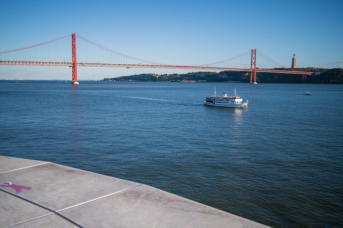 View of Ponte 25 de Abril bridge from MAAT (Museum of Art, Architecture and Technology) roof, designed by the British architect Amanda Levete, Belem, Lisbon, Portugal