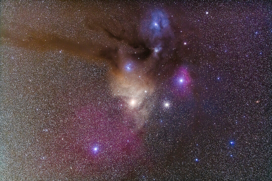 The colourful region around Antares in Scorpius, the yellow star at centre. To the right is the globular cluster Messier 4. Above right of Antares is the smaller globular NGC 6144. Above are the nebulas associated with Rho Ophiuchi. The area is filled with reflection (yellow and blue) and emission nebulas (red and pink). The field simulates a binocular field.