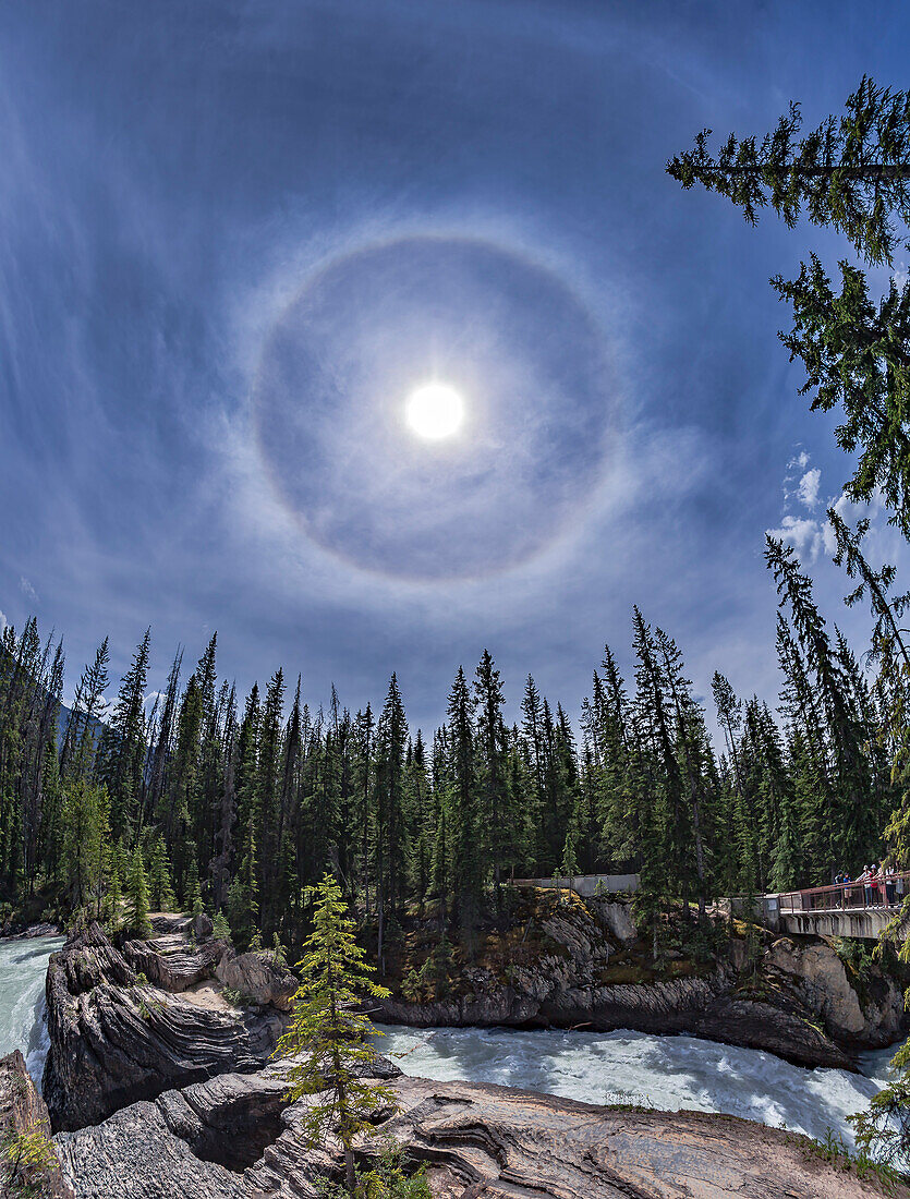 A vertical panorama of a 22° solar halo in the sky over the Natural Bridge and waterfall on the Kicking Horse River in Yoho National Park, BC, June 6, 2016. The day was quite hot but this shows that you can get haloes even on a hot summer day, as the ice crystal clouds causing the halo are high up and cold!