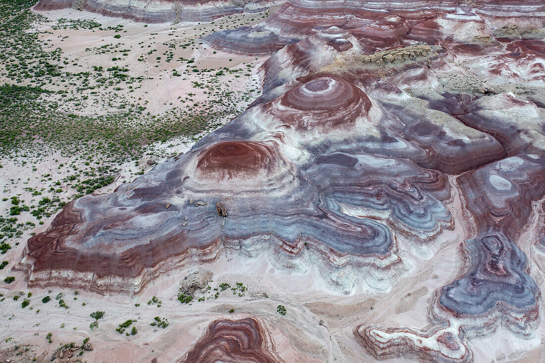 Aerial view of the colorful Bentonite Hills, near Hanksville, Utah.