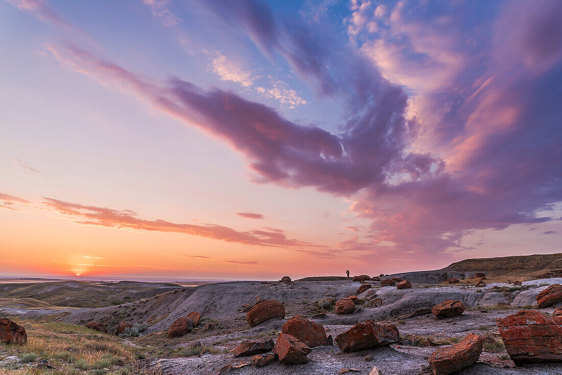 Ein besonders farbenprächtiger Sonnenuntergang in der Red Rock Coulee Natural Area im Südosten von Alberta, mit einer einsamen Gestalt, die sich vom Himmel abhebt.