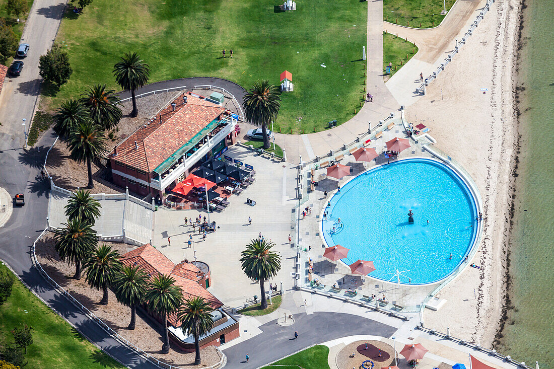 Aerial view of the Eastern Beach Bathing Complex in Geelong, Australia