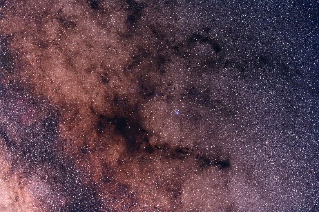 Pipe Nebula area, field oriented equatorially, with Hutech-modified Canon 5D camera with 135mm f/2 Canon L lens at f/4 for 6 minutes each at ISO400. Stack of 4 exposures, averaged stacked. Taken from Coonabarabran, NSW, Australia, July 2006.