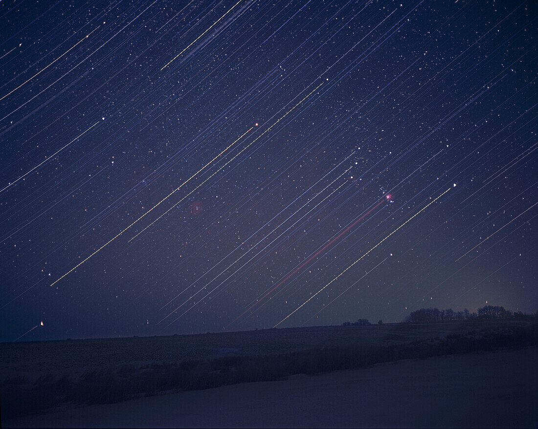 Orion rising due east from latitude of +51° N. Taken in November, using Plaubel Makina 6x7 camera, 80mm lens.