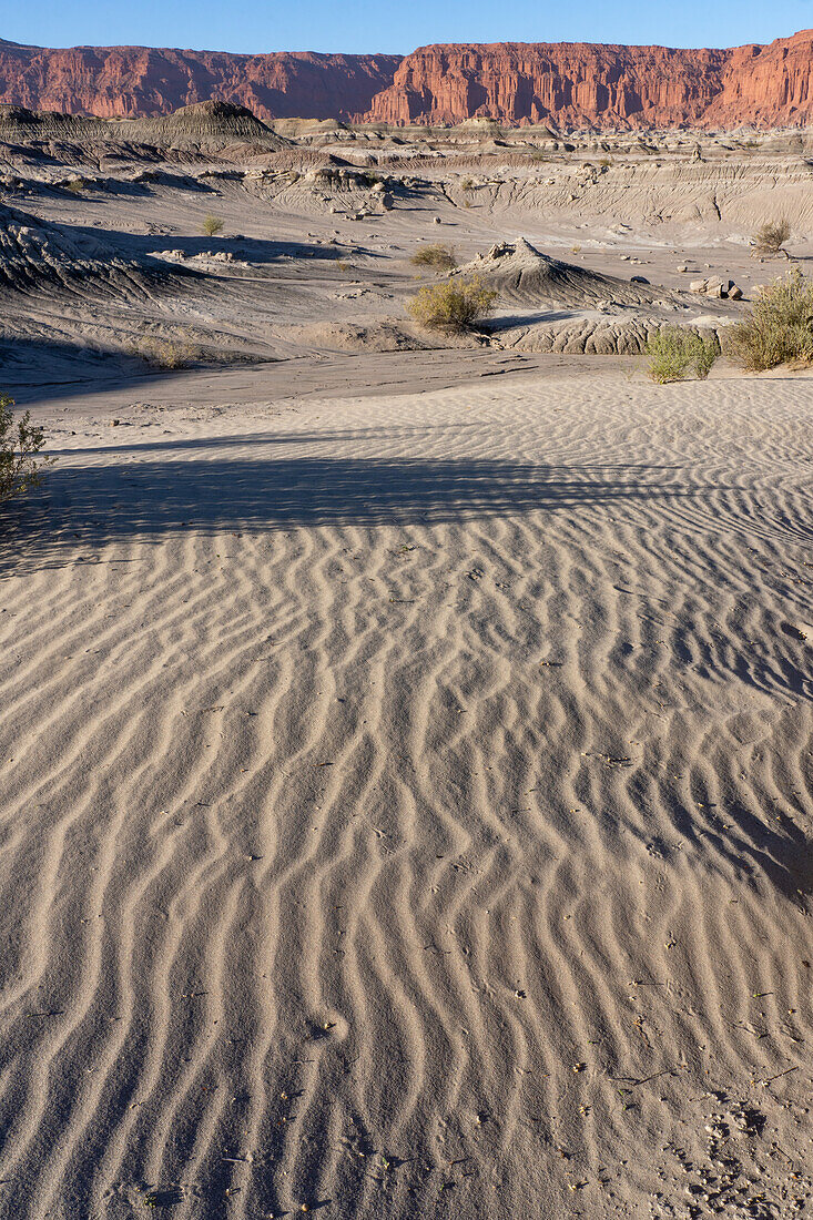 Ripples in den Sanddünen in der kargen Landschaft im Ischigualasto Provincial Park in der Provinz San Juan, Argentinien.