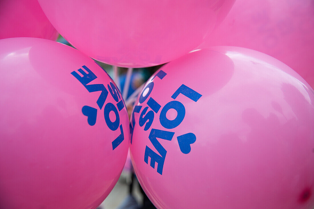 A set of balloons that read 'Love is Love' during the international pride parade demonstrations in Bogota, Colombia, July 2, 2023.