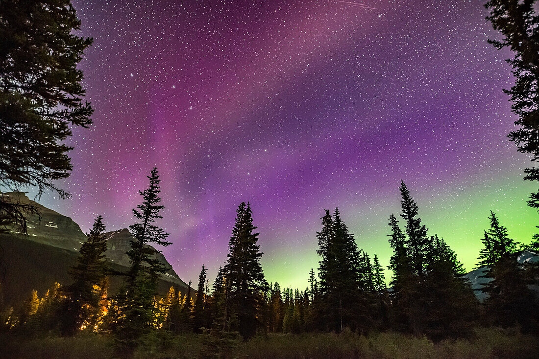 Der ungewöhnliche STEVE Polarlichtbogen über dem Nordhimmel am Bow Lake, Banff National Park, Alberta in der Nacht vom 16. auf den 17. Juli 2018. Der normale grüne Polarlichtbogen befindet sich weiter unten am Nordhorizont. STEVE erscheint hier jedoch eher rosa.