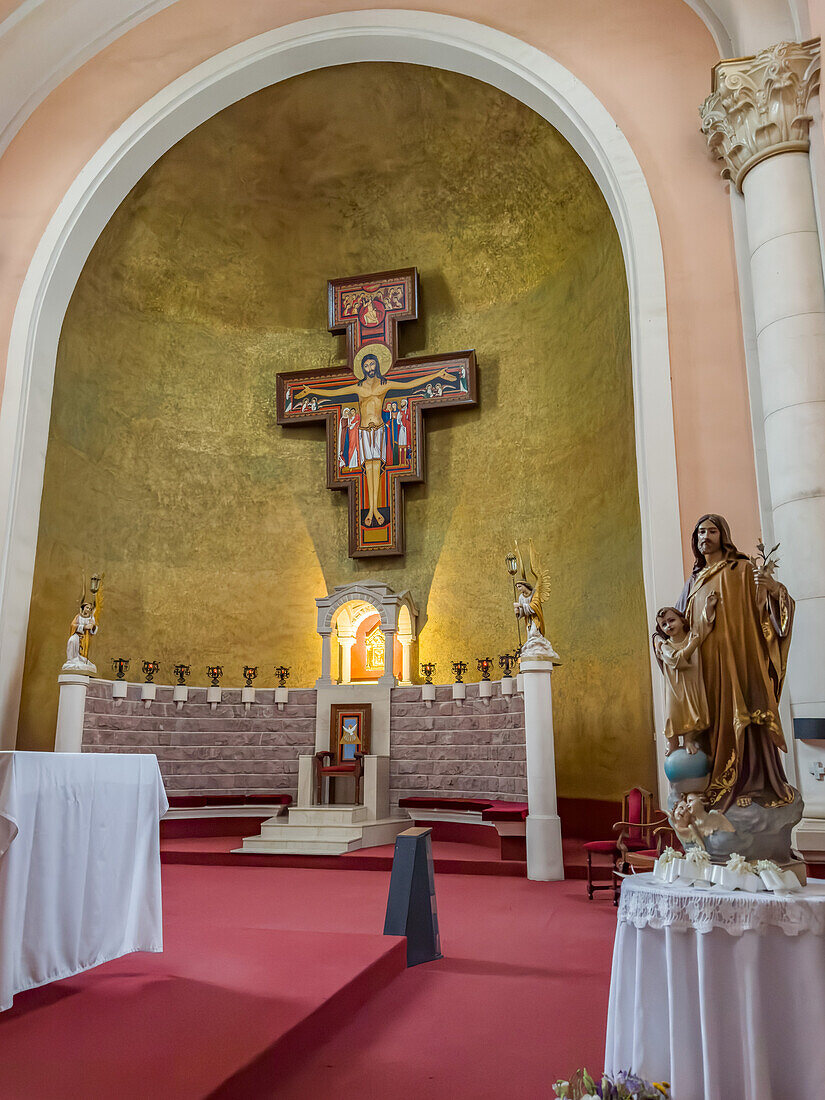 The bishop's chair and altarpiece in the apse of the San Rafael Archangel Cathedral in San Rafael, Argentina.