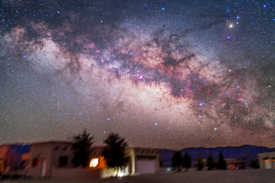 Sagittarius and Scorpius in the pre-dawn sky, March 15, 2013, from the Painted Pony Resort, New Mexico. This is a stack of 5 x 4 minute exposures at f/2.8 with the 35mm lens and Canon 5D MkII at ISO 1600, with the ground from one image, plus a stack of 2 exposures through the Kenko Softon filter for the star glows.