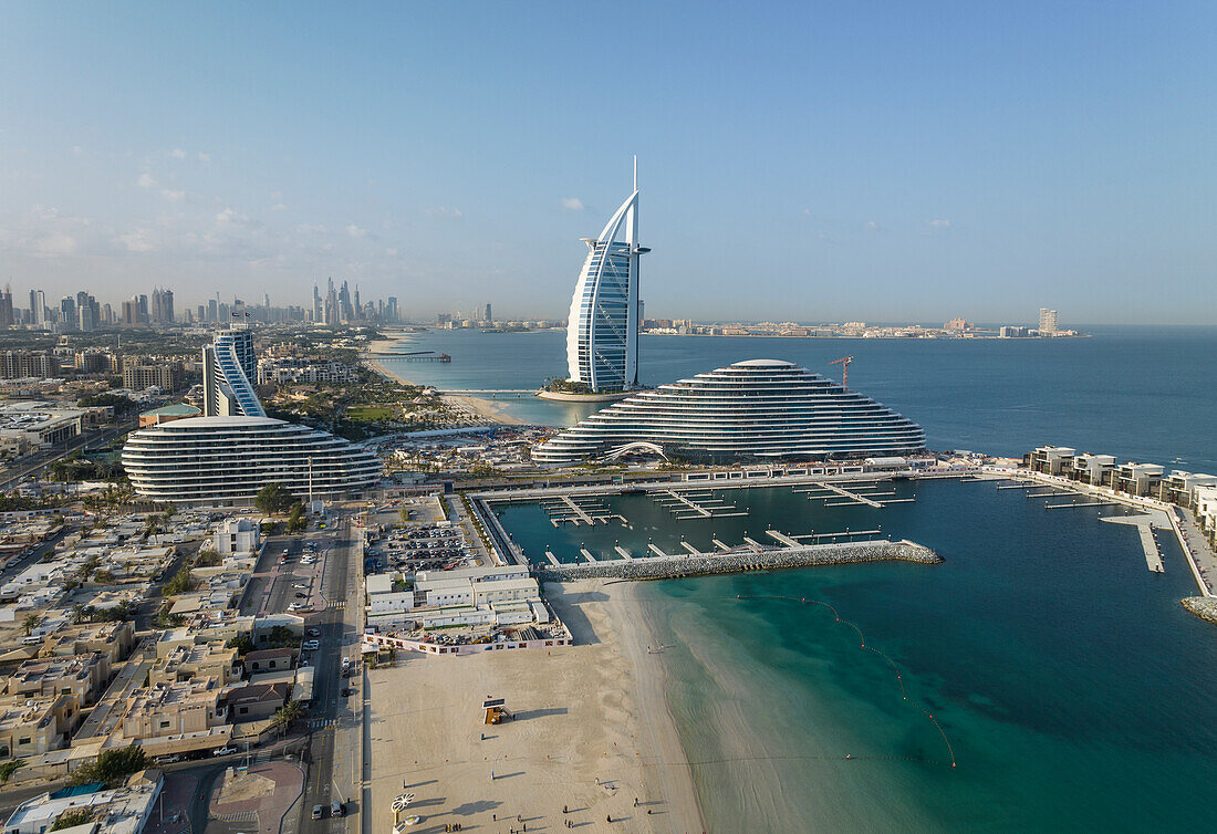 Aerial view of Burj Al Arab Hotel, Jumeirah, Dubai, United Arab Emirates, Middle East