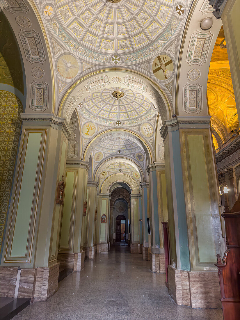 The painted ceiling of the aisle of the ornate Cathedral of the Immaculate Conception in San Luis, Argentina.