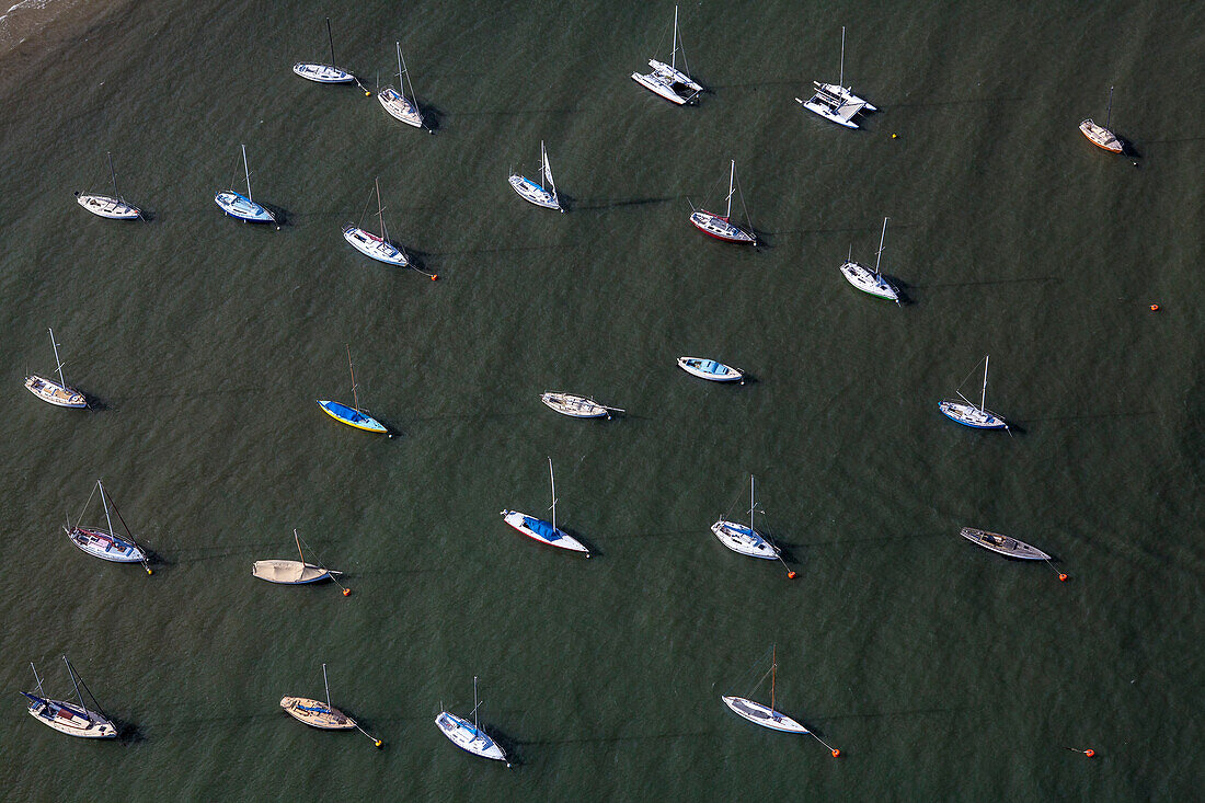 Aerial view of boats anchored at St Kilda Boat Harbour, Victoria, Australia
