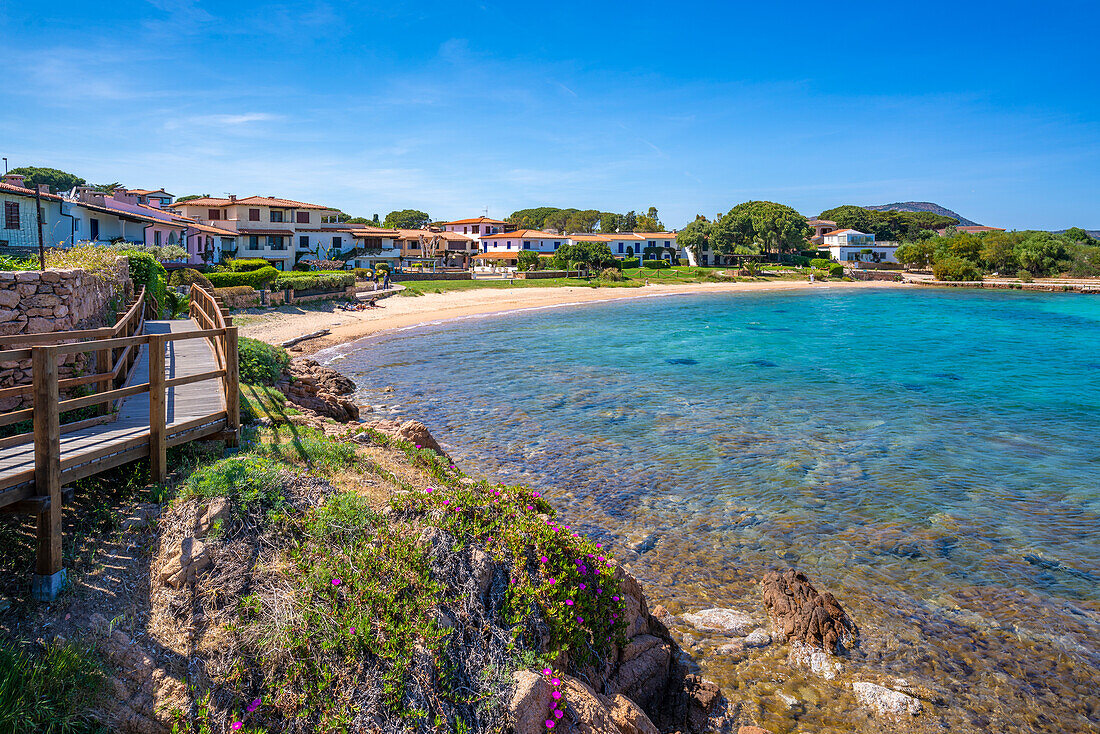 View of Spiaggia di Porto San Paolo and clear blue water, Porto San Paolo, Sardinia, Italy, Mediterranean, Europe