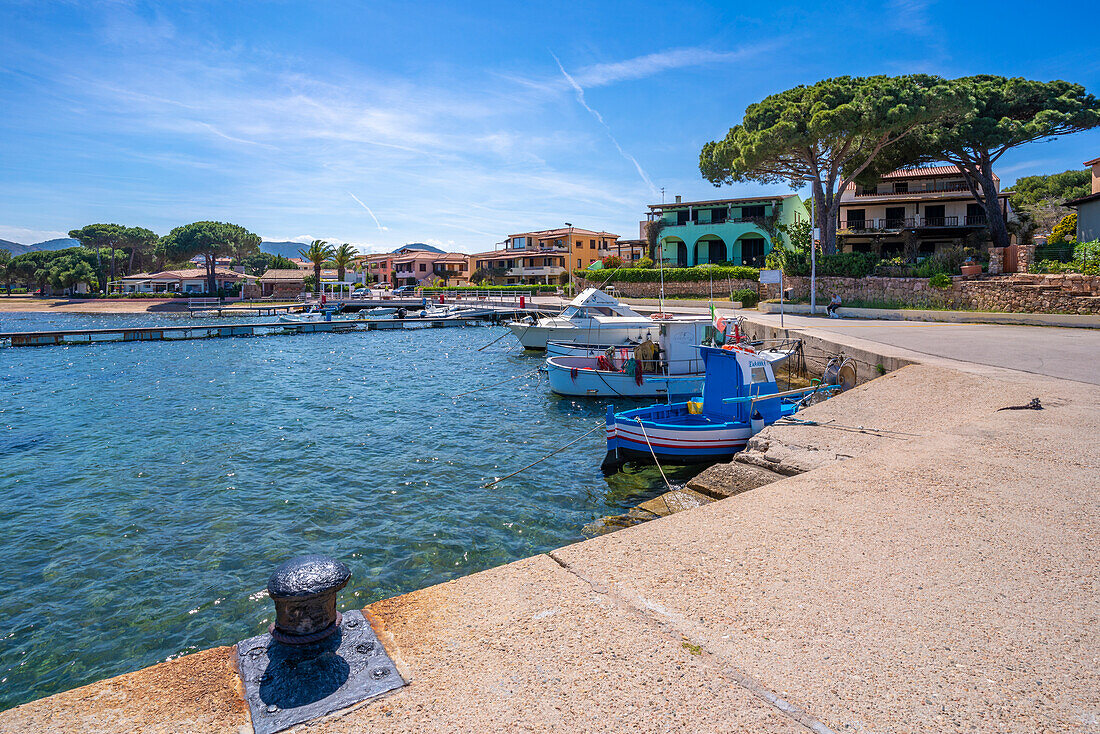 View of boats on small harbour in Porto San Paolo, Porto San Paolo, Sardinia, Italy, Mediterranean, Europe