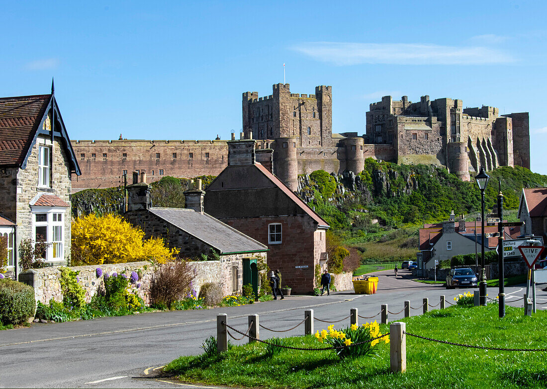 Bamburgh Castle, from the village centre, Bamburgh, Northumberland Coast, Northumbria, England, United Kingdom, Europe