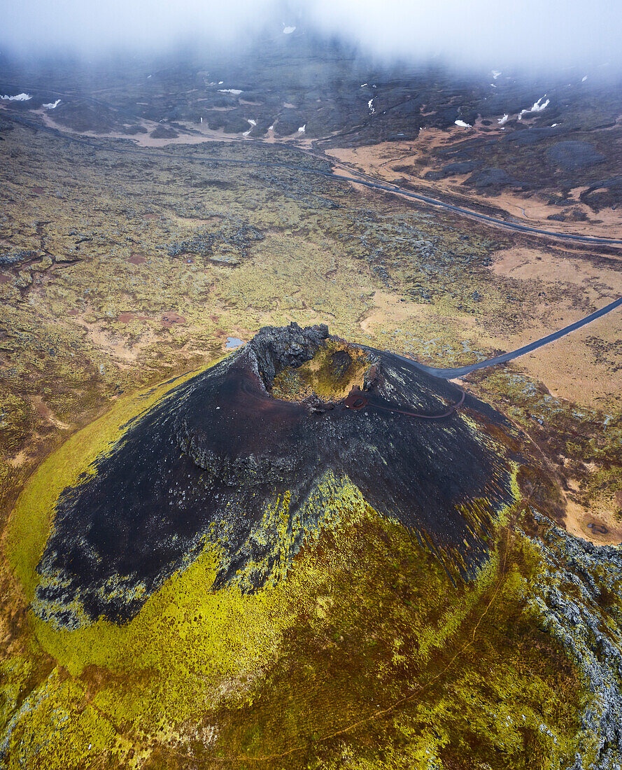 Aerial view of Saxholl crater, Hellisandur, SnA?fellsnes Peninsula, Iceland, Polar Regions