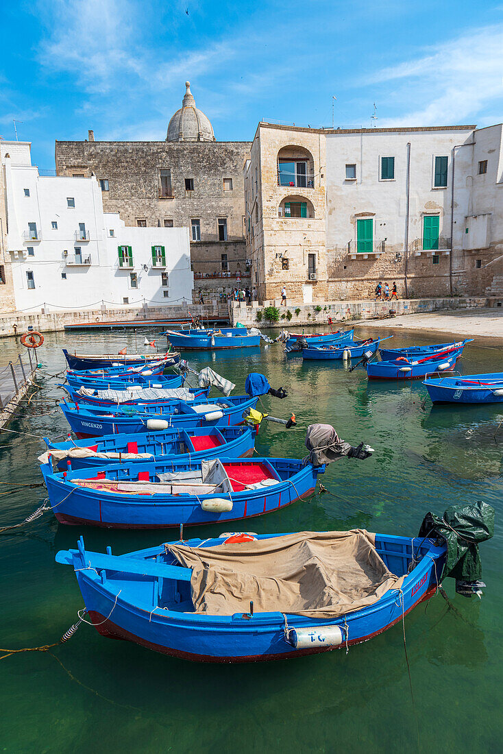 Reihen von blauen Holzbooten im Wasser des Hafens von Monopoli Altstadt, Monopoli, Provinz Bari, Apulien, Italien, Europa