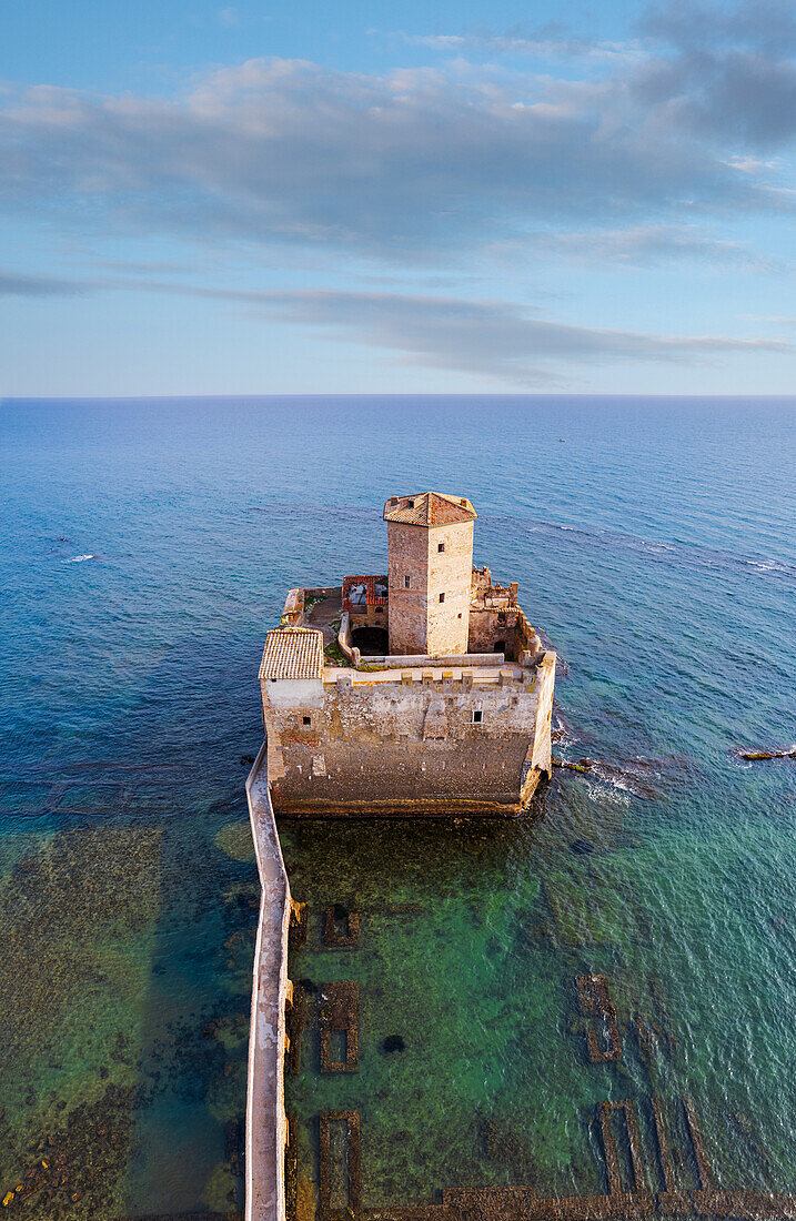 Panoramic view of the fortified castle of Torre Astura built in the water above the ruins of a Roman villa, Tyrrhenian Sea, Latium (Lazio), Italy, Europe