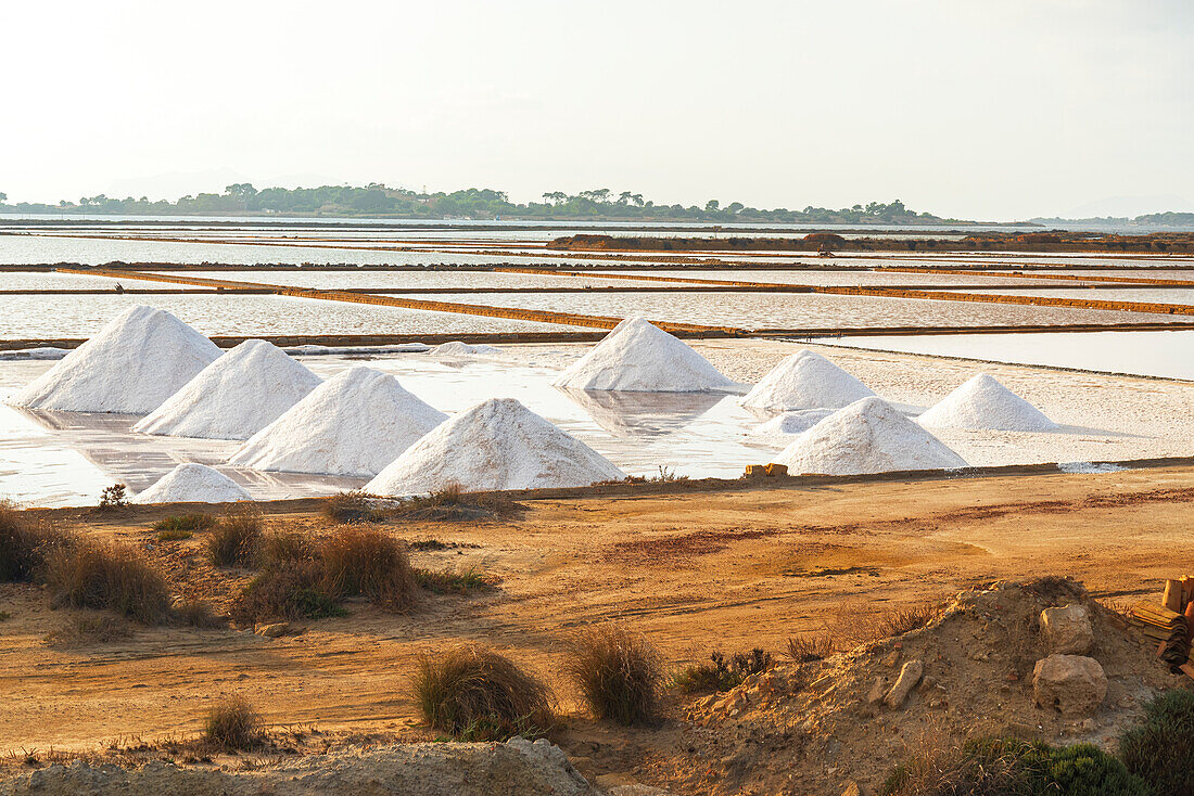 Piles of salt at salt flats, Saline Ettore e Infersa, Marsala, province of Trapani, Sicily, Italy, Mediterranean, Europe