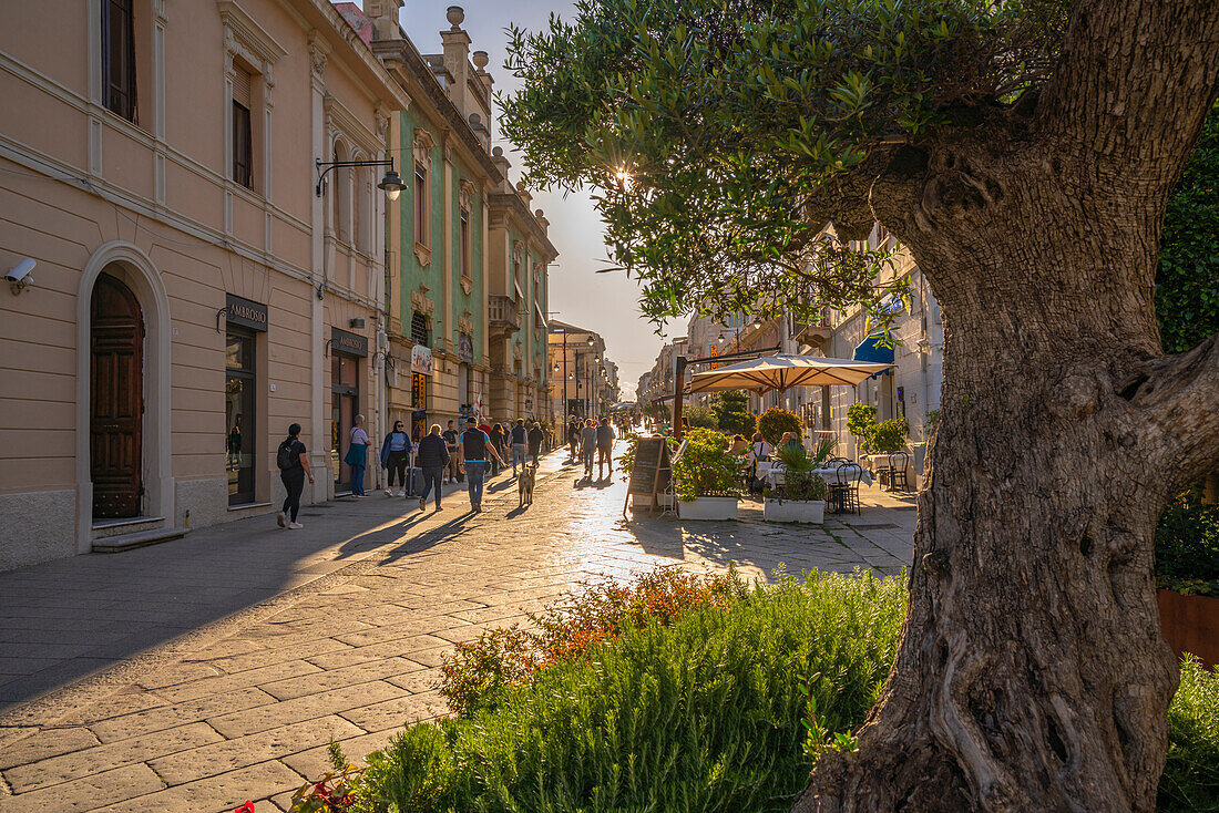 Blick auf Geschäfte und Restaurant am Corso Umberto I an einem sonnigen Tag in Olbia, Olbia, Sardinien, Italien, Mittelmeer, Europa