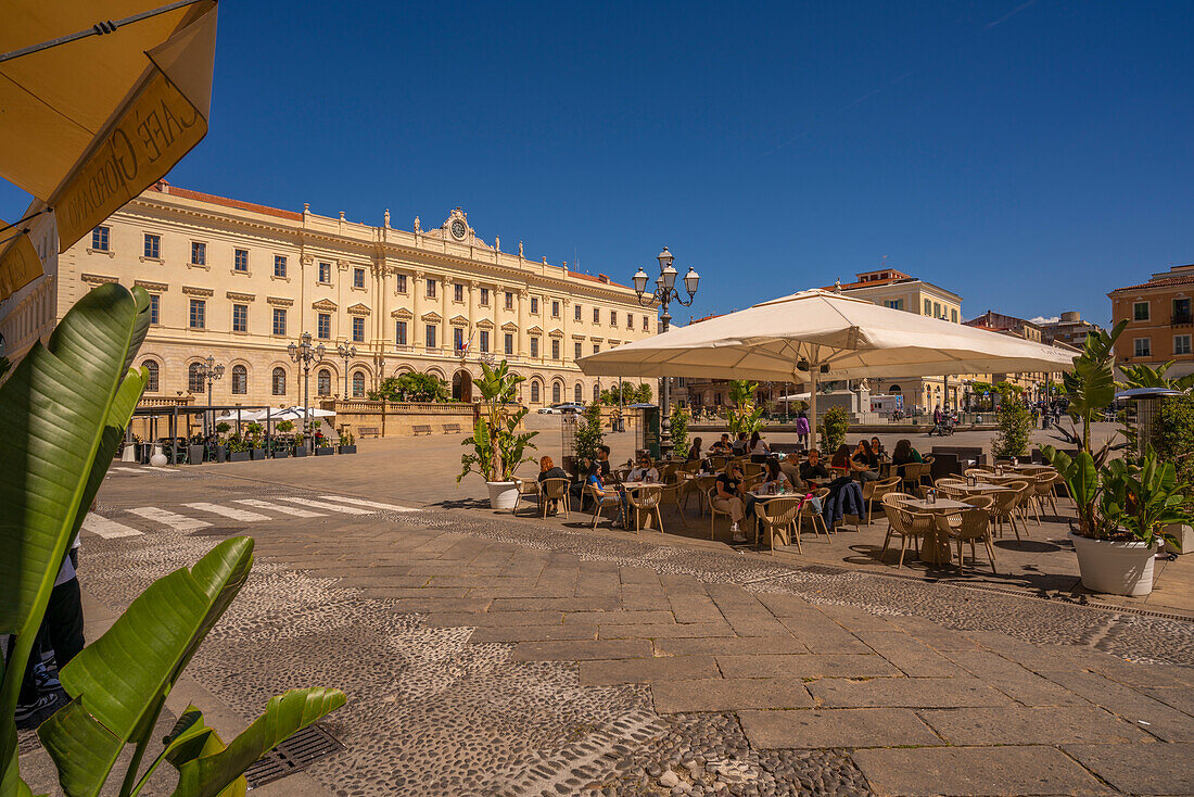 View of Town Hall and cafe restaurant in Piazza d'Italia in Sassari, Sassari, Sardinia, Italy, Mediterranean, Europe