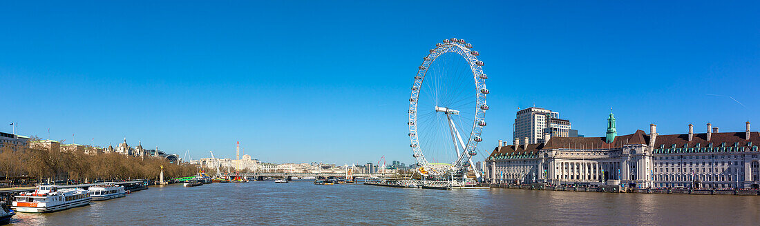 Panoramic view of London Eye, London County Hall building, River Thames, London, England, United Kingdom, Europe