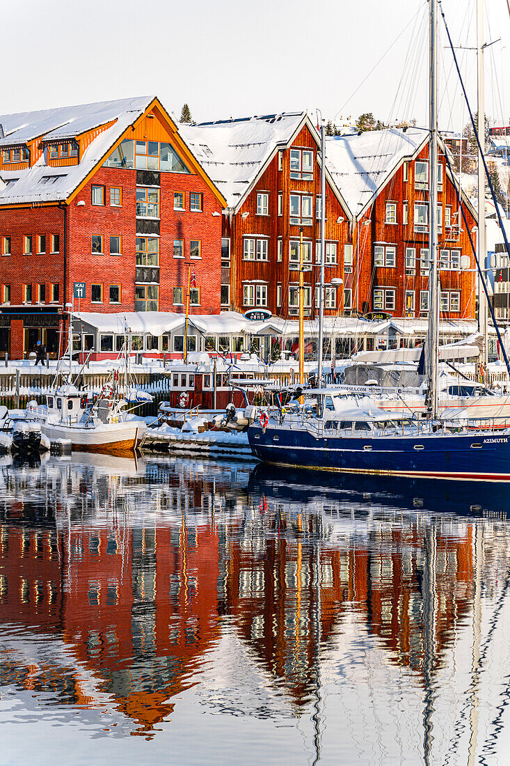 Bunte Häuser am Hafen spiegeln sich in der kalten See in der Morgendämmerung, Tromso, Norwegen, Skandinavien, Europa