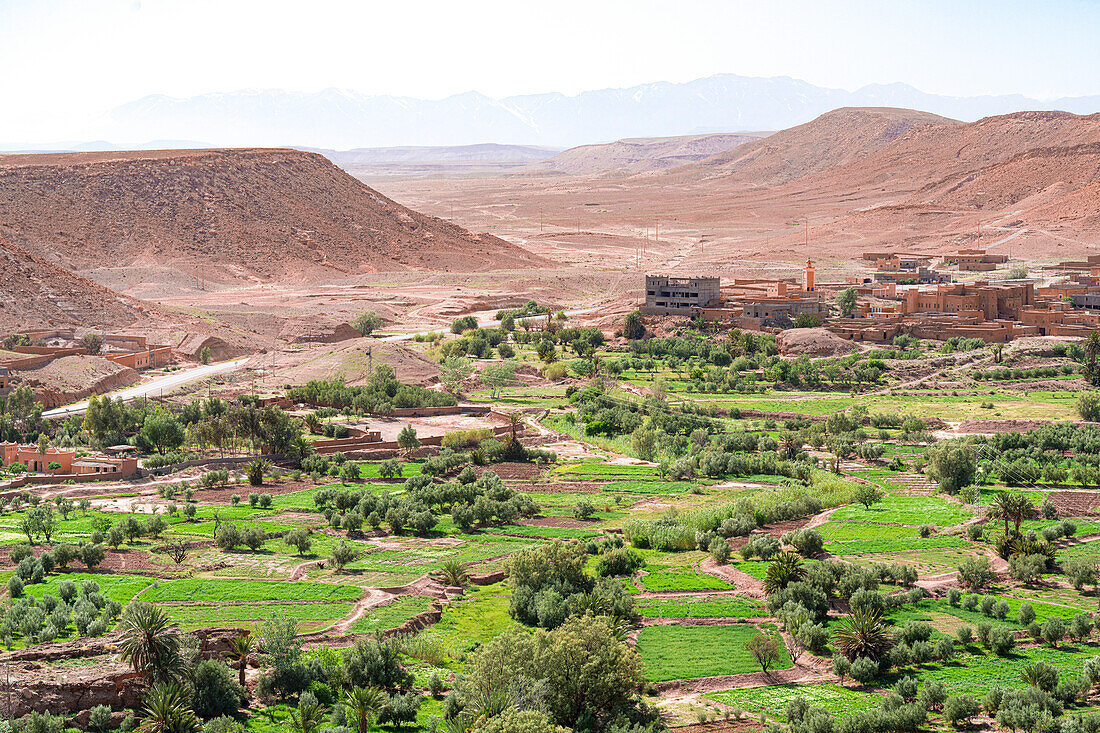 Blick von oben auf Ait Ben Haddou ksar, UNESCO-Weltkulturerbe, umgeben von grünen Feldern, Provinz Ouarzazate, Marokko, Nordafrika, Afrika