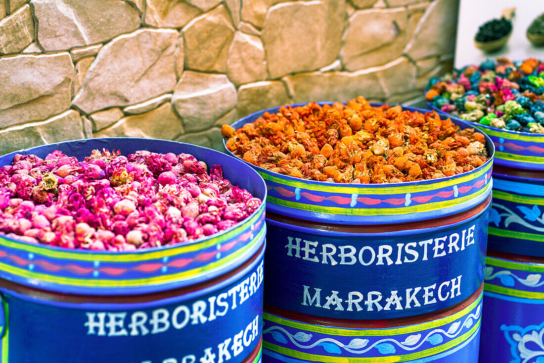Colorful dried flowers for sale in a souk market in the medina, old town of Marrakech, Morocco, North Africa, Africa
