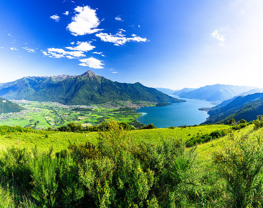 Panoramic of Monte Legnone and Alto Lario from green meadows above Lake Como, Bugiallo, Como province, Lombardy, Italian Lakes, Italy, Europe
