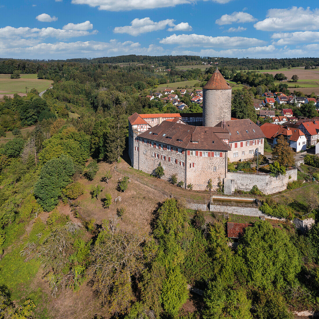 Aerial of Reichenberg Castle, Oppenweiler, Swabian-Franconian Forest Nature Park, Baden-Wurttemberg, Germany, Europe