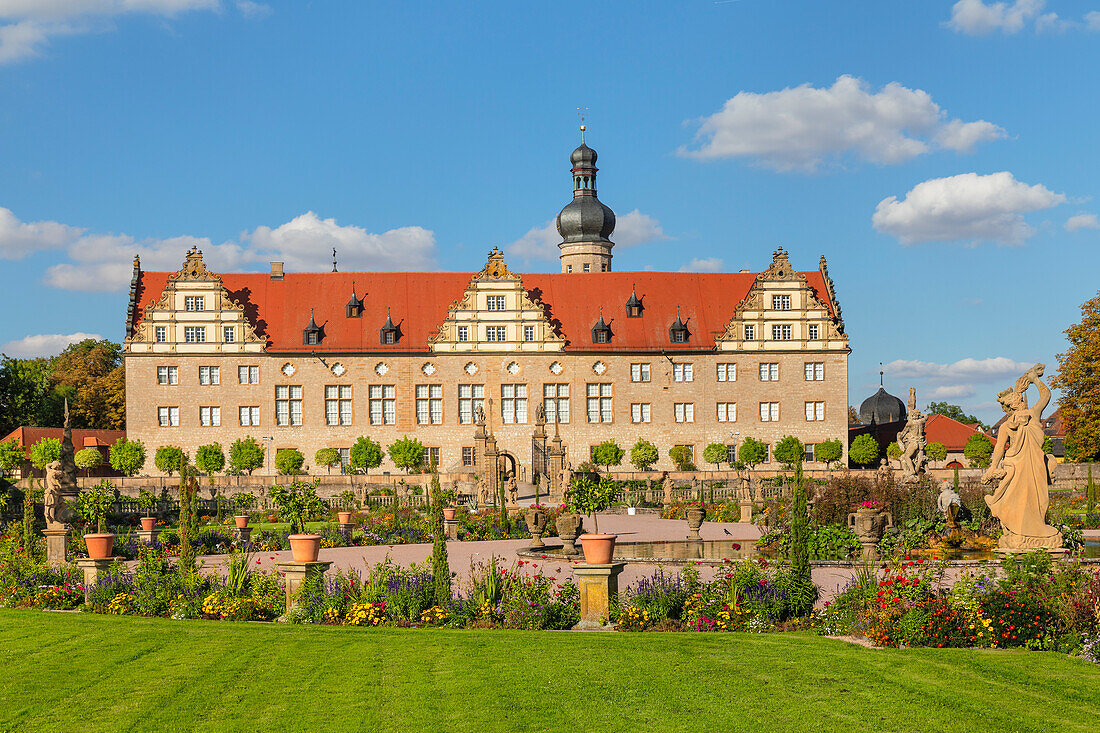 Weikersheim Renaissance Castle with baroque garden in Taubertal Valley, Weikersheim, Romantic Road, Baden-Wurttemberg, Germany, Europe