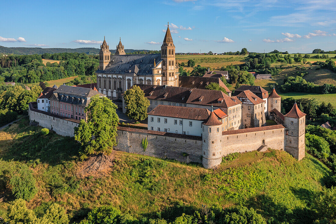 Aerial of Comburg Benedictine Monastery, Steinbach, Kocher Valley, Schwabisch Hall, Hohenlohe, Baden-Wurttemberg, Germany, Europe