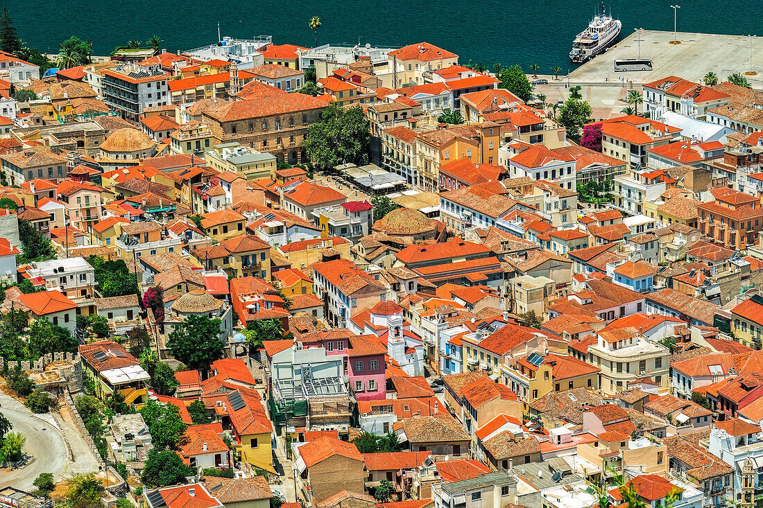 Historic town panoramic view, with traditional low-rise red tile roof buildings, Nafplion, Peloponnese, Greece, Europe