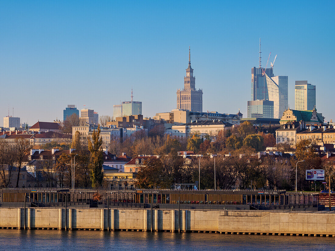 View over River Vistula towards City Centre Skyline, Warsaw, Masovian Voivodeship, Poland, Europe